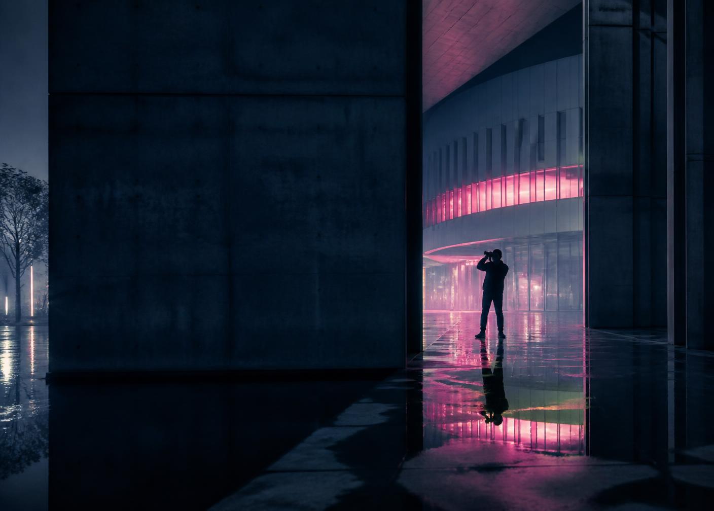 A lone photographer framed by illuminated architecture